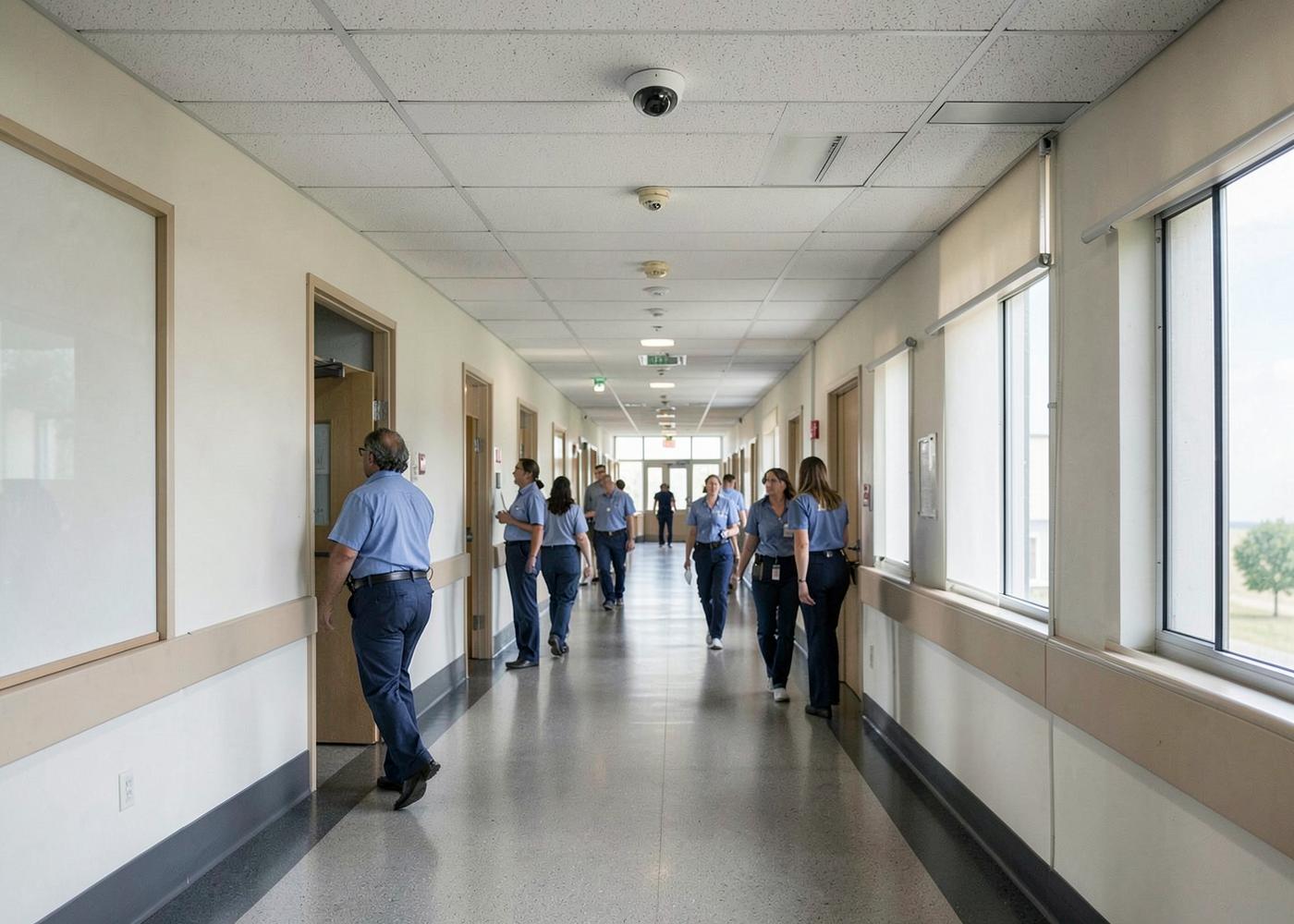 Corredor hospitalar com trajetórias de circulação identificadas pela IA