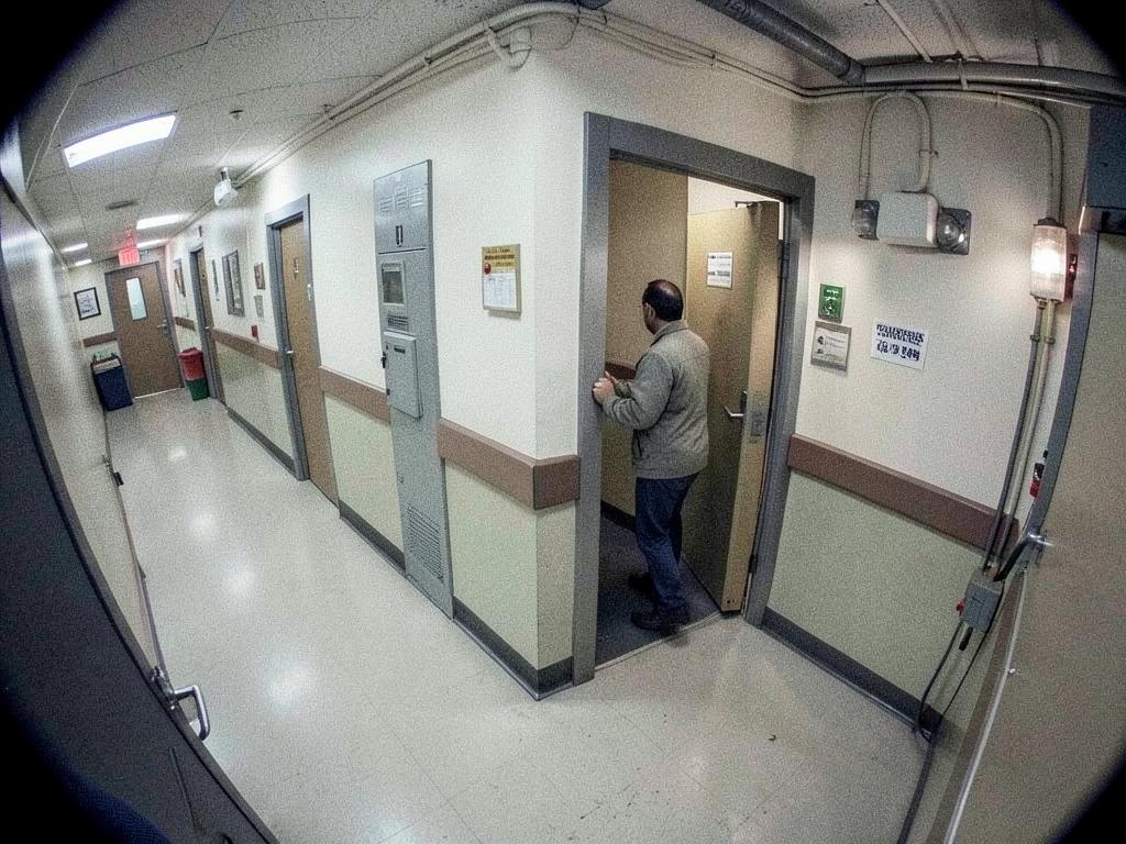 Pessoa cruzando zona virtual de área restrita em corredor técnico do hospital