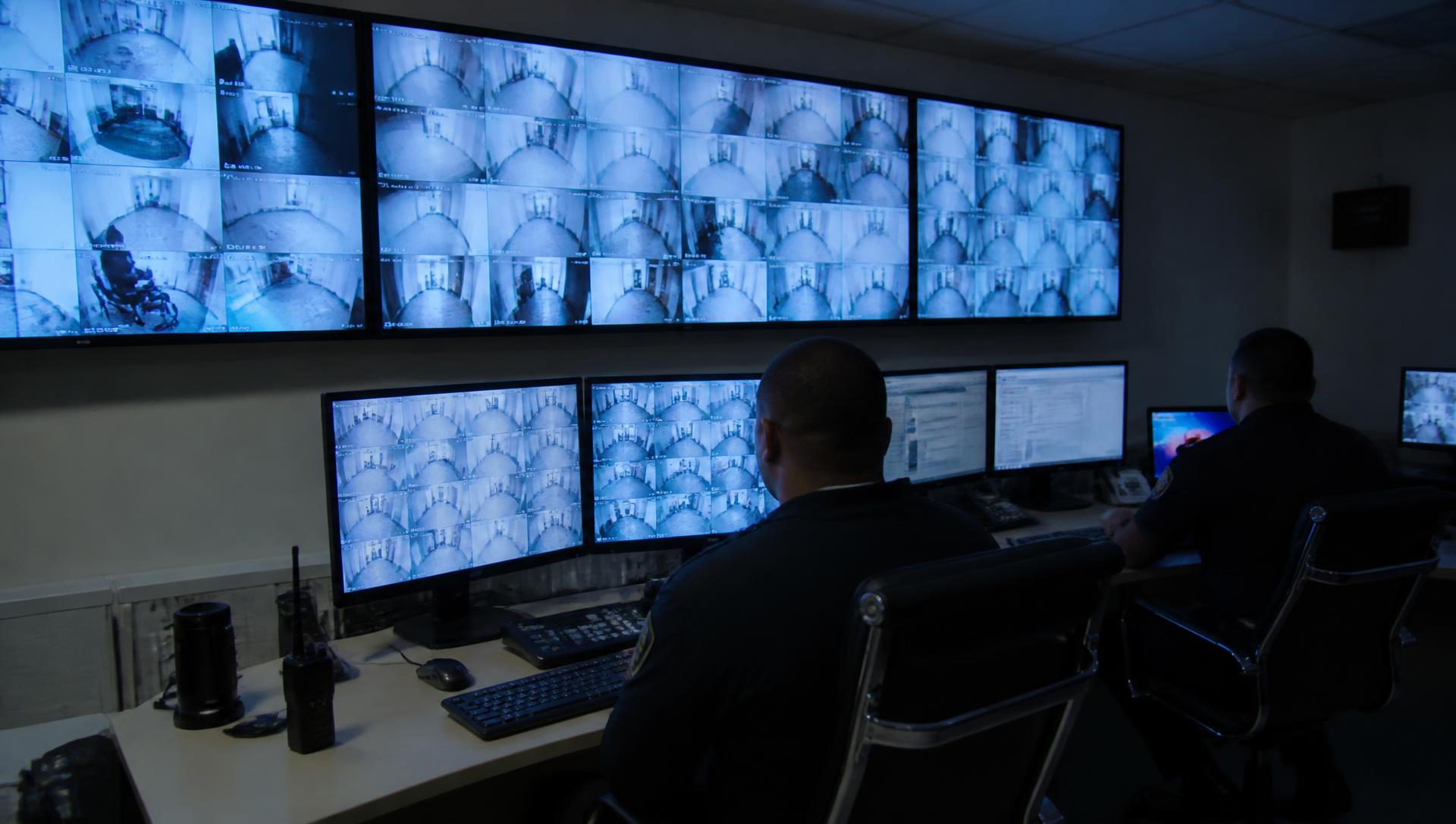 Centro de controle hospitalar com videowall e operadores acompanhando alertas