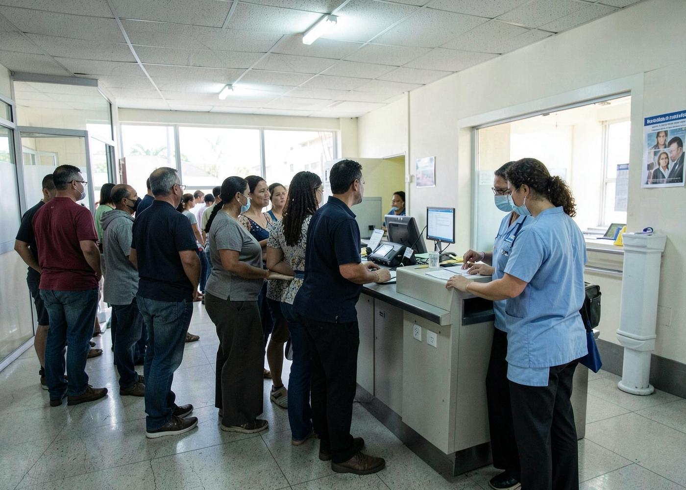Fila de atendimento em balcão hospitalar com contagem automática de pessoas